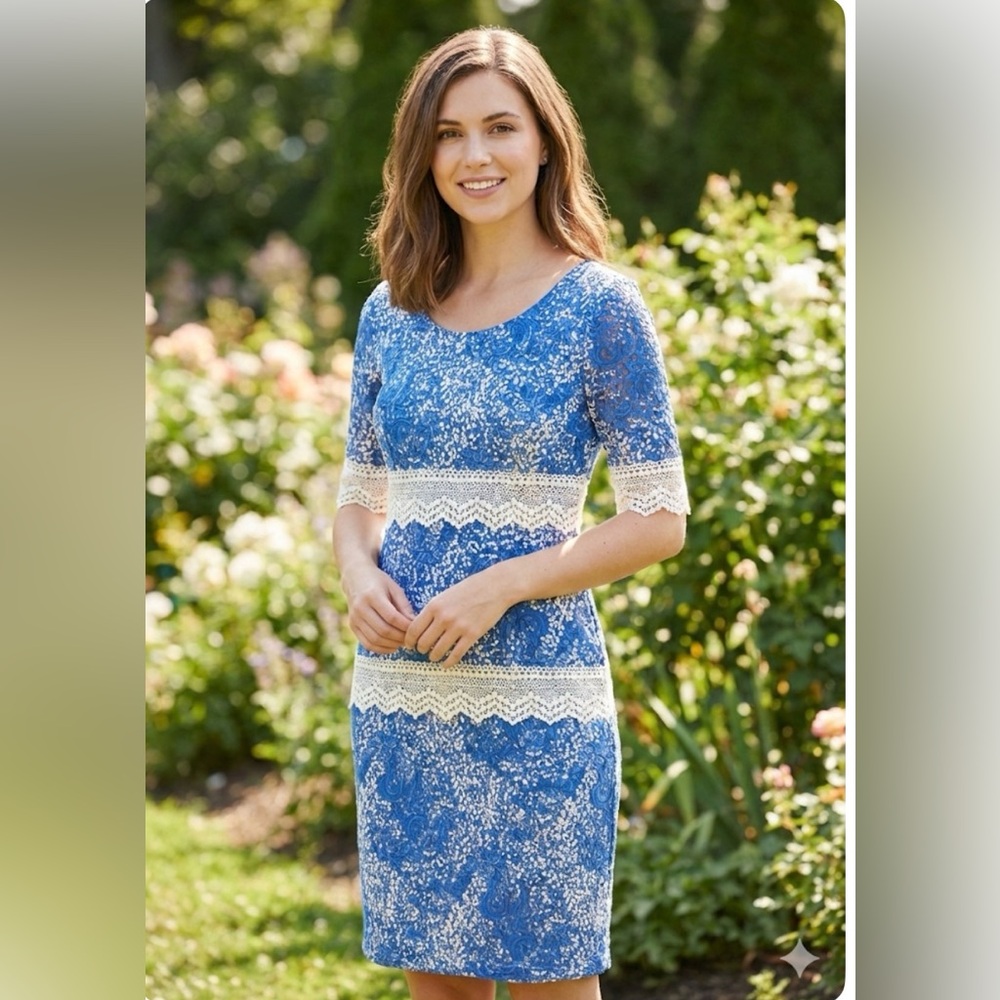 Rabbit Rabbit Rabbit blue white lace‎ sheath dress size 10